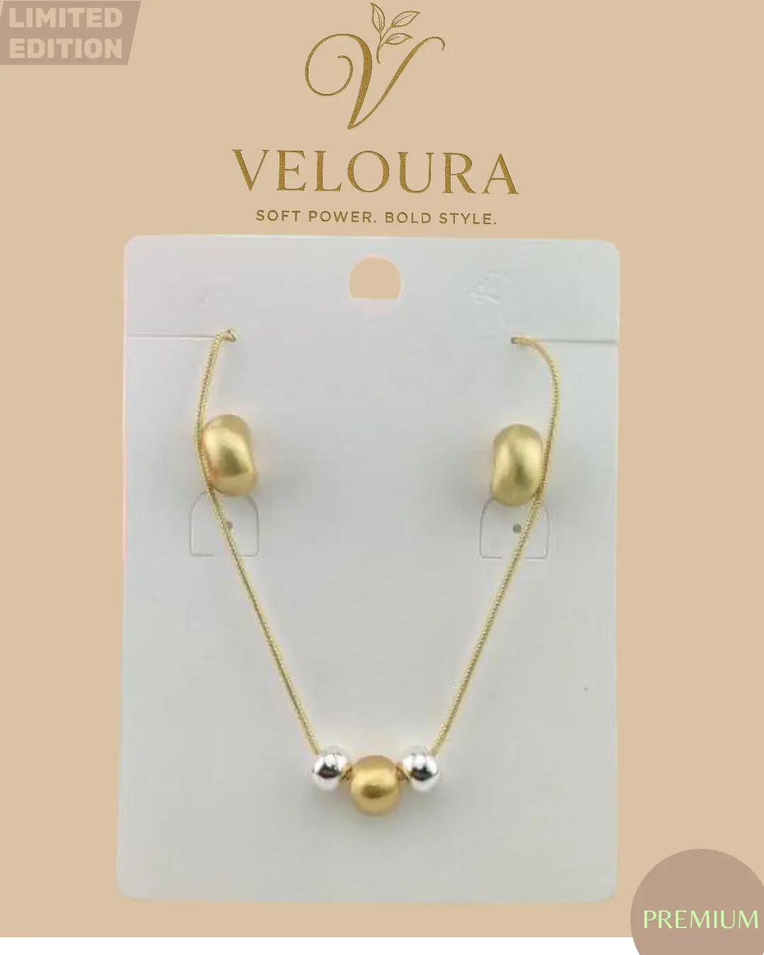 Two-Tone Pebble Bead Necklace & Pebble Stud Earring Set (Gold/Silver)