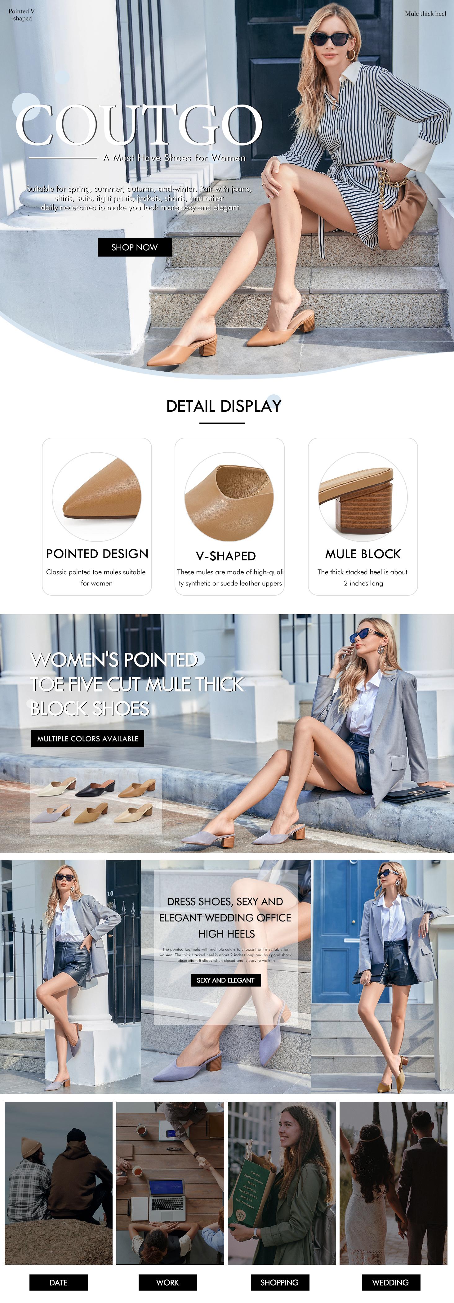 Coutgo Womens Pointed Toe V Cut Mules Chunky Block Heels Slip On Clogs Fashion Office Slides Shoes