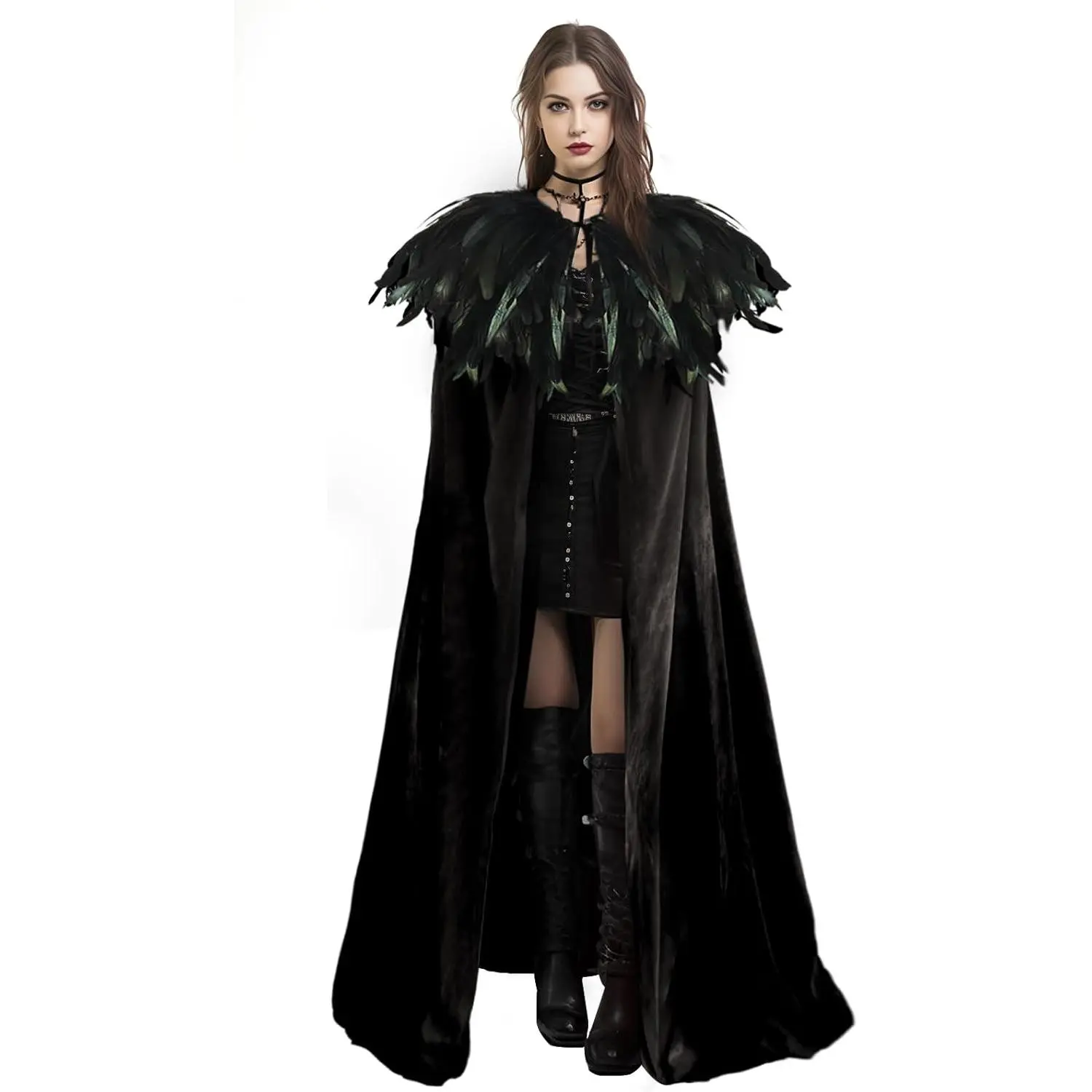 Unisex Solid Color Velvet Adult Cape with Real Natural Gothic Feather Cloak Clothes WomenswearTikTokShopBlackFriday