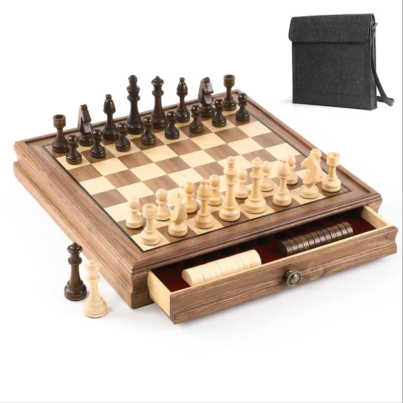 Magnetic Wooden Chess Set – Black Walnut Chessboard with Storage Drawers, Staunton Chess Pieces, Classic Strategy Board Game for Adults & Kids