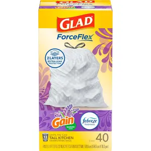 Glad Trash Bags, ForceFlex Tall Drawstring Garbage Bags, 13 Gallon White Trash Bags for Tall Kitchen Trash Can, Mediterranean Lavender with Febreze Freshness to Eliminate Odors, 40 Count