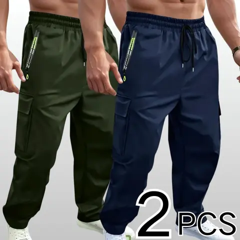 Men's 2-Pack Lightweight Fitted Polyester Cargo Pants - Activewear Bottoms with Zippered Pockets, Quick-Dry Fabric for Outdoor & Street Style, Versatile Solid Color Design