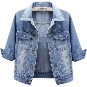 Women's 3/4 Sleeve Colored Cropped Denim Jacket Light Wash Short Jean Jacket Trucker Coat