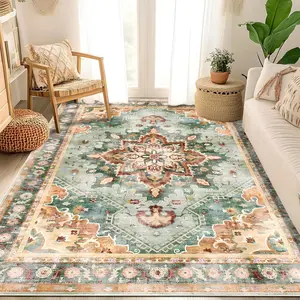 Boho Style Floral Pattern Rug, Vintage Washable Non-slip Floor Mat, Decorative Carpet for Home Living Room Bedroom Study Room, Bohemian Style Rugs