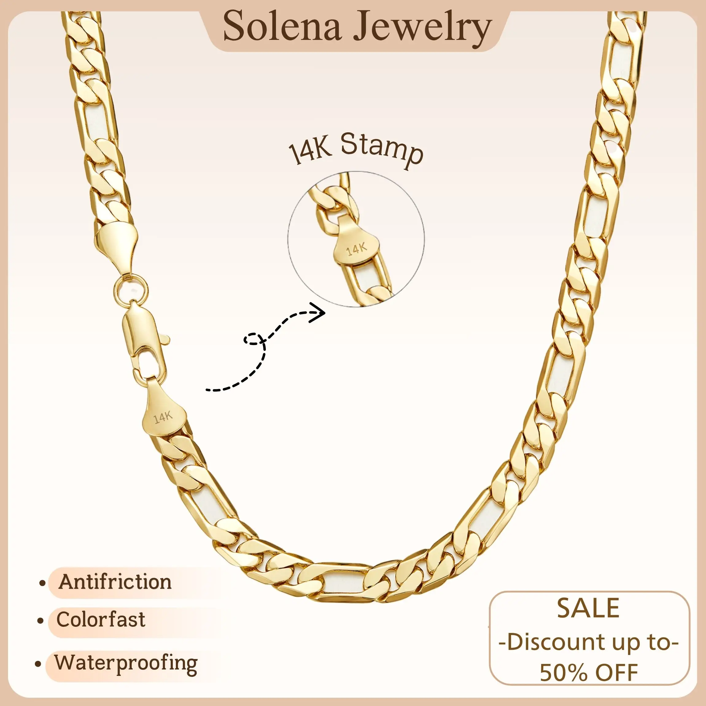 Men's 14K Gold Plated Figaro Chain Necklace,Classic Cuban Link Chain Hip Hop Jewelry,Waterproof Fade Resistant Gold Necklace,20-26in Long Chain, 2mm/10mm Width, Fashion Street Style