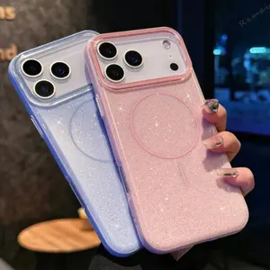 2025 Magnetic Phone Case for iPhone 13 16 17 Pro Max Air 14 15 16 Plus Magsafe Bling Bling Glitter Wireless Charging Cover