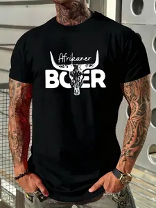 Men's Afrikaner Boer Bull Skull Graphic T-Shirt - Vintage Retro Black Muscle Fit Tee, Bold Print Streetwear, Casual Gym Workout Shirt for Men, Trendy 2025 Masculine Graphic Tee, Heavyweight Crewneck, Biker Skull Shirt, Distressed Vintage Style
