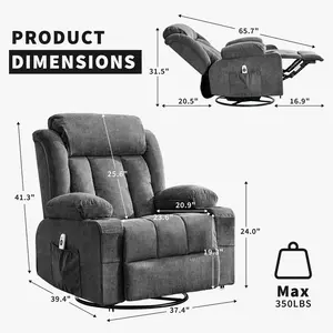 Power 360°Swivel Rocker Recliner Chair with Heat and Massage for Big and Tall Adults Oversized Electric Glider Reclining Chairs with Remote Control,Cup Holders,Side Pockets,USB Charge Port,Gray