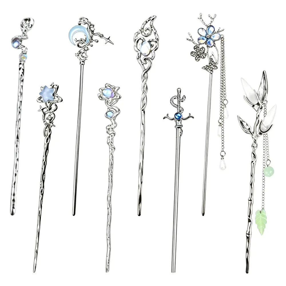 Women's 8-Pack 7 in Retro Vintage Hanfu Hair Sticks - Silver Metal Fishtail, Star Moon, Butterfly Designs, Metal Grip, Bead Accents, Long Hair Chopstick Forks, Elegant Bun Updo Holders for Formal Events, Weddings