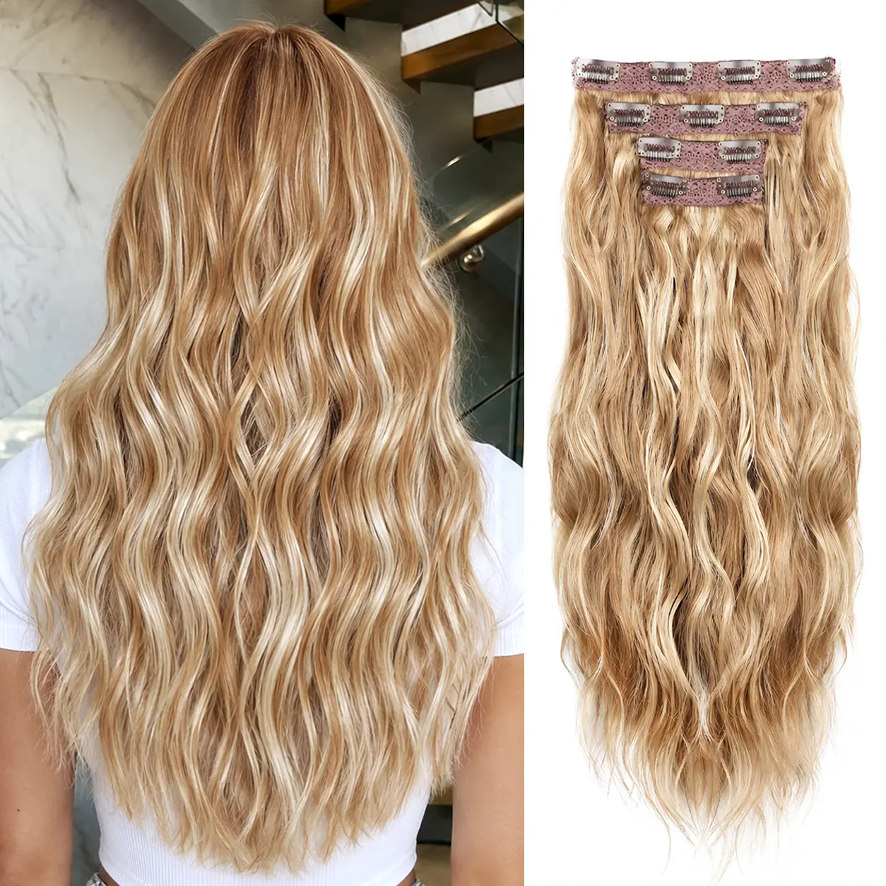 Light Brown Mix Blonde Clip in Hair Extensions 4Pcs, 20 Inches Soft Synthetic Curly Clip in Hair Extensions