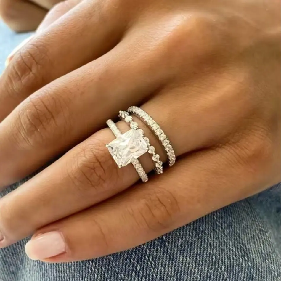 3.5CT Radiant Cut Cubic Zirconia 3Pcs White Gold Plated Stackable Ring Set, Daily Layered Fashion Jewelry for Women