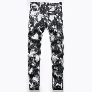 Men Flower Jacquard Weave Jeans Slim Straight Pants Fashion Floral Pattern Black White Trousers