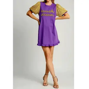 UMGEE GOLD METALLIC "TOUCH DOWN" PURPLE RUFFLE HEM GOLD SEQUIN SLEEVES DRESS 💜