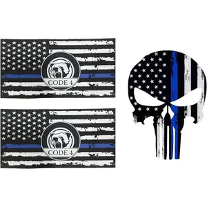 3pcs US Flag Code 4 Thin Blue Line Skull Car Stickers Decal, Honoring Police Support Truck Window Laptop Bumper Stickers, blue line police flag for car