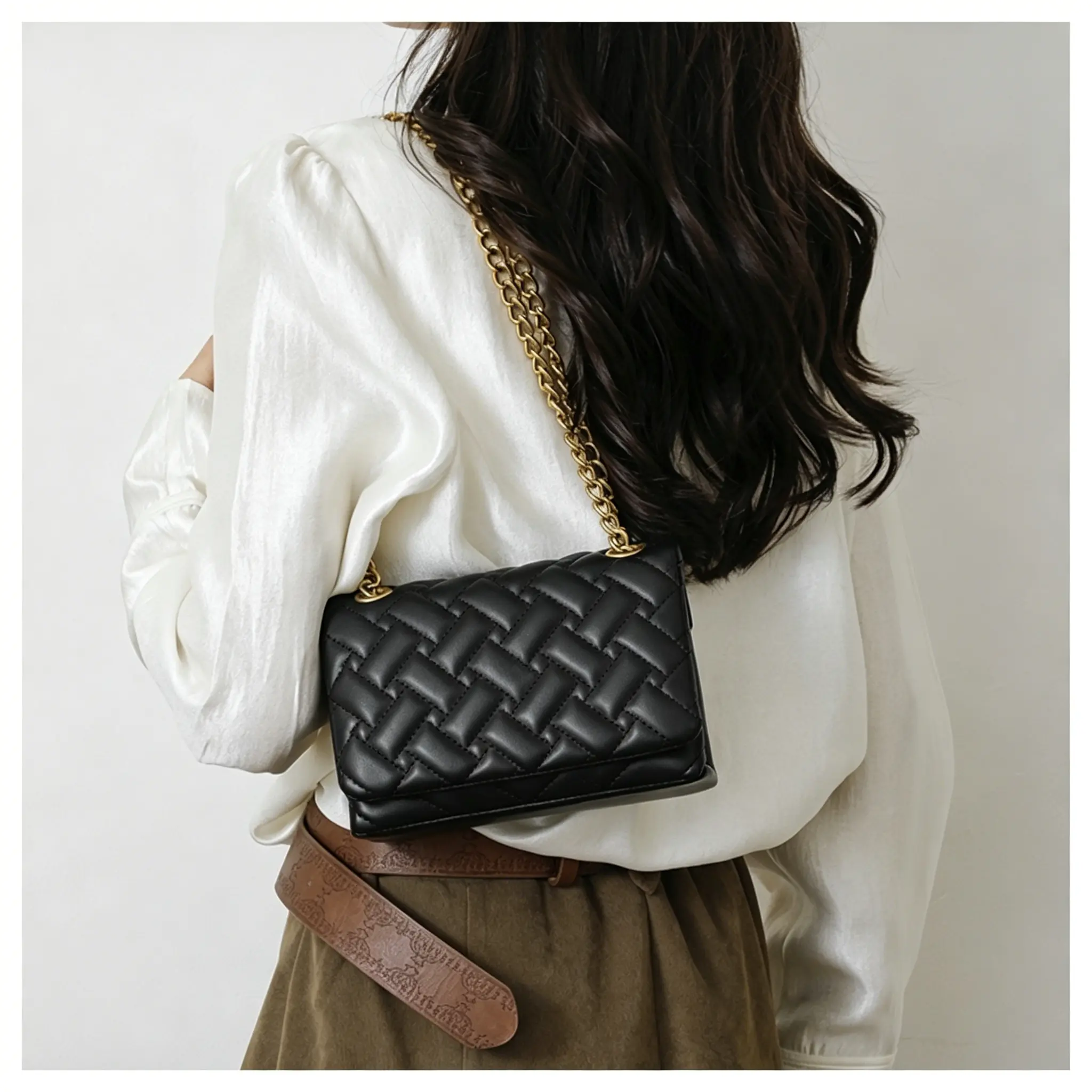 Elegant Black Quilted Crossbody Bag with Gold Chain Strap for Women's Fashion