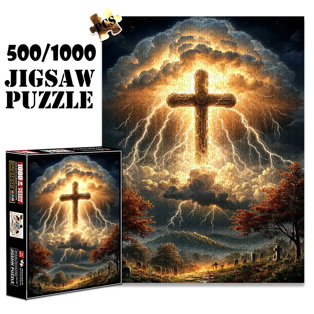1pc 1000 piece adult puzzle 70x50cm Cross with Lightning and Clouds over Cemetery 500 pieces paper jigsaw puzzle Art Puzzles Family Puzzle Gift suitable for DIY creative games for adults and families, birthday and holiday stress