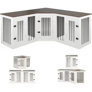 Large Dog Crate Furniture for 3 Dogs, 113'' Corner Dog Crate with Divider, Wooden Indoor Dog Kennel Furniture, Dog Crate cage for Small/Medium/Large Dogs, Combined in 3 Ways, TV stand Dog Crate