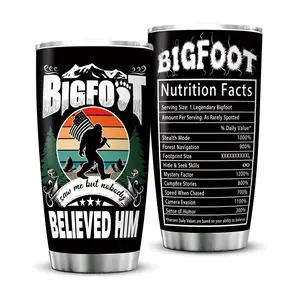 Bigfoot Travel Tumbler 20oz, Funny Sasquatch Cup with “Nutrition Facts” & Retro Sunset Design, Halloween, Birthday, Christmas Gift