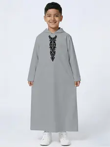 Kids Gray Black Scroll Embroidery Hooded Long Robe, Ramadan Special Muslim Boys Jubba