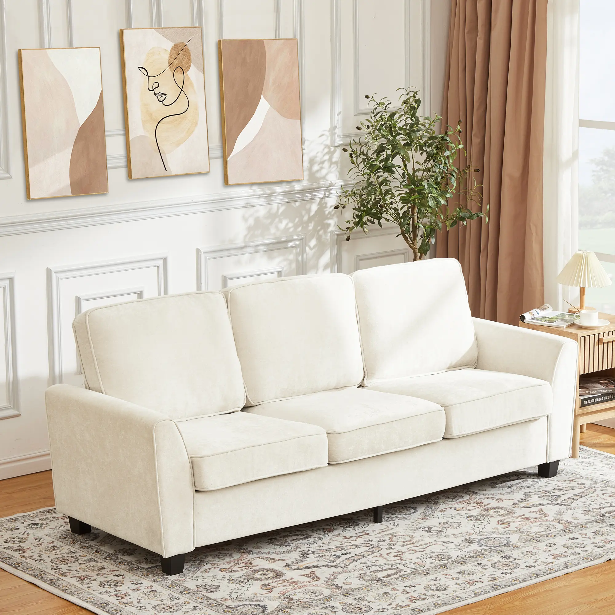 83" Modern 3-Seater Sofa, Minimalist Living Room Couch, Beige Chenille Deep Seat Sofa with Washable Covers & Curved Armrests, Comfy Couch for Apartments, Home Office, Bedroom