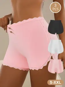 3-piece women’s boyshort panties set with lace trim—soft, stretchy, breathable safety shorts underwear; seamless anti-chafing boxer briefs for everyday wear, dresses, skirts, sleep, and lounging.