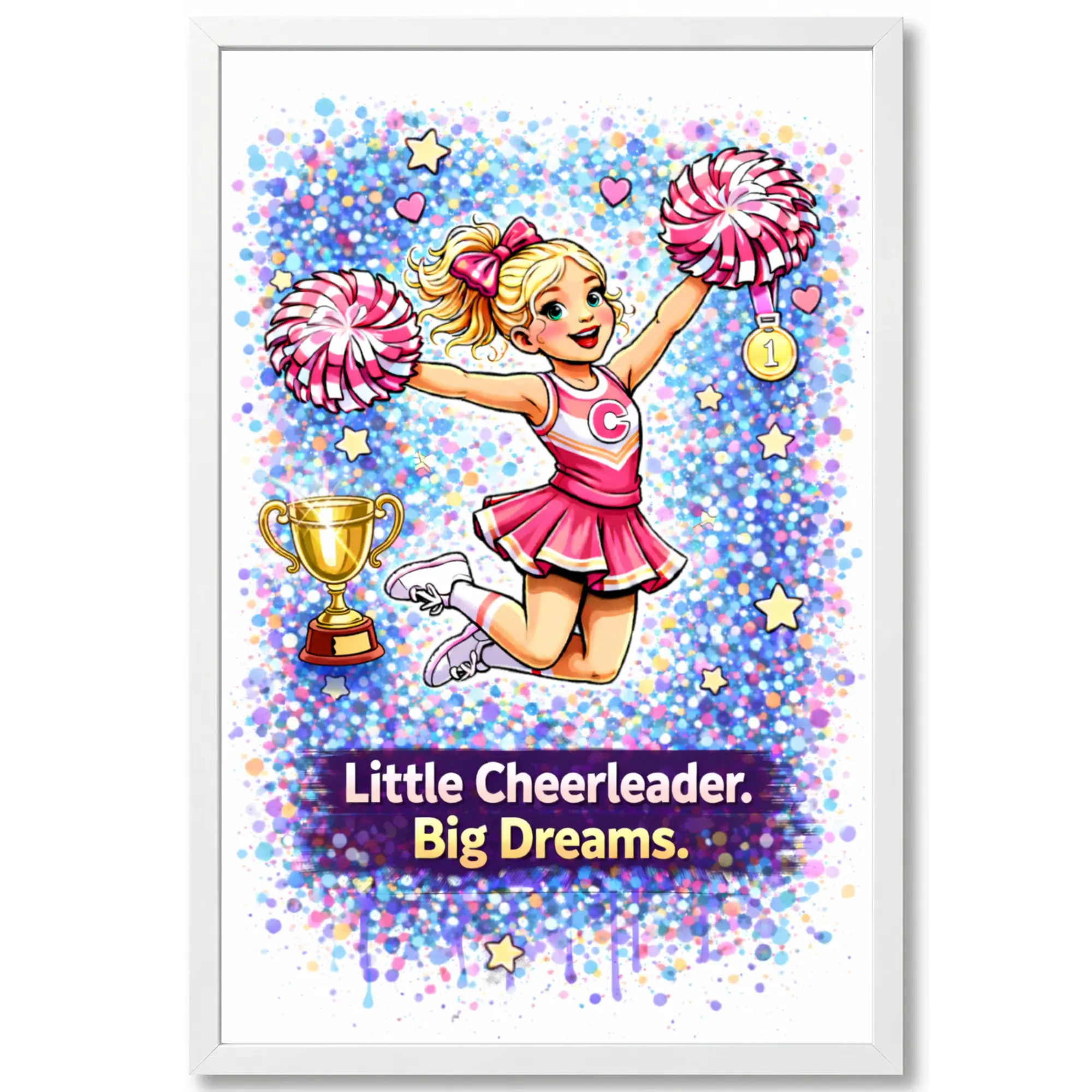 Cheerleader Wall Art Framed Poster 11x17, Little Cheerleader Big Dreams Print, Girls Room Decor, Pink Cheer Gift for Daughter, Motivational Sports Bedroom Wall Decor