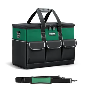 WINHUNT Tool Bag, 14/15/19 Inch 3 Size for Choose Wide Mouth Tool Storage Organiser, 600 Denier with 6 Interior 8 Exterior Pockets for Home DIY & Equipment Storage, Green and Black