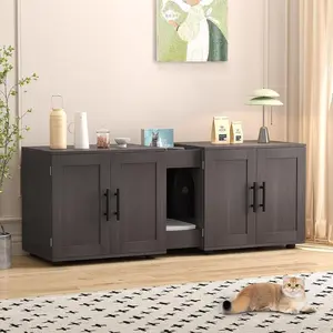 Litter Box Enclosure with Double Room,Cat Hidden Litter Box Enclosure Furniture for 2 Cats with Double Room, 55”L x 17.7”W x 22.5”H Cat House,Wooden Enclosed Cat Litter Box Furniture,Walnut