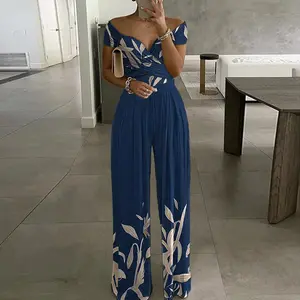 2025 new European and American women's fashion temperament elegant foreign trade commuting printed wide-leg ladies jumpsuit