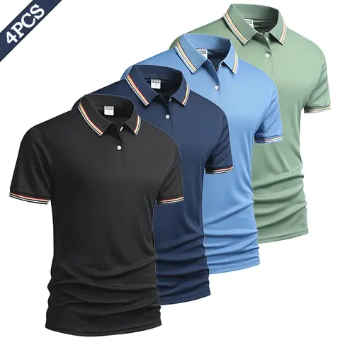 Men's Short-Sleeve Polo Shirt Set - Stylish Retro Menswear Top with Striped Collar, Striped Cuff for Casual, Outdoor Occasions (Light Short-Sleeve Polo Shirts)