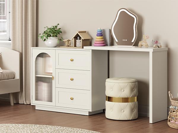 【Summervibes】RoyalCraft L 2-in-1 Makeup Vanity Desk & Office Desk, Multifunctional and Space-Saving Extendable Corner Table with Drawers, No Mirror, Dressing Table for Bedroom, Vanity Desk for Working, Studying, Drawing, Sewing, Nail Care (White, Beige)
