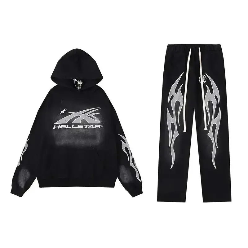 Hellstar Black Hoodie & Sweatpants Set with Flame Design for Men, Y2K Hip Hop Casual Set