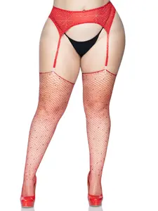 Leg Avenue Women's Plus-Size Sexy Brielle Rhinestone Fishnet Stockings with Belt, Red, 1X-2X, Lingerie, Hand-Washable Quality Fabric