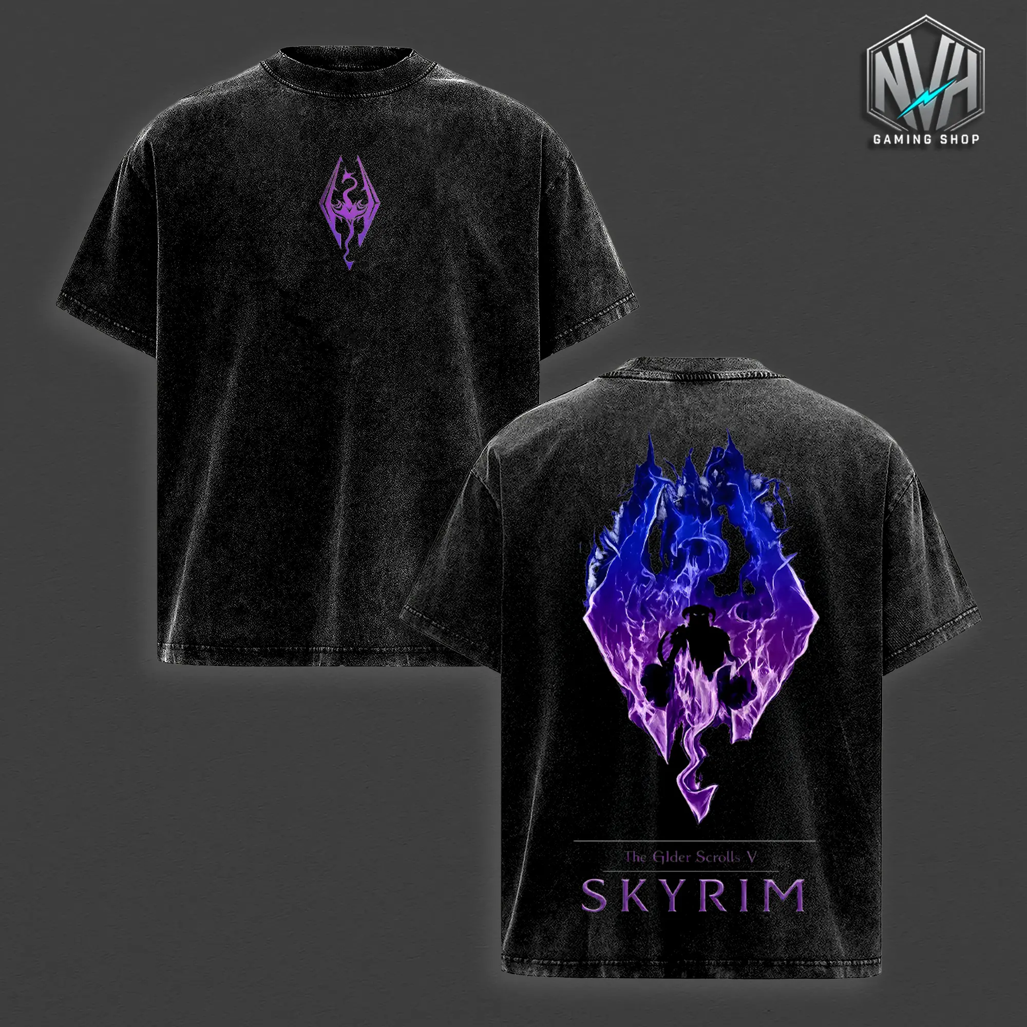 The Elder Scrolls V Graphic Shirt, Skyrim Dragonborn Purple Flame, Vintage Washed Oversized T-Shirt, Magicka Dovahkiin Edgy Streetwear Y2K Merch Tee, Gift For Game Fan Clothes, Oversized Graphic Tee Men, Game Lover Shirt, Top Men Women Clothing