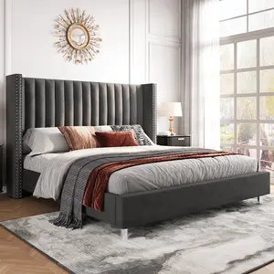 AMERLIFE Bed Frame Tufted Bed with Vertical Channel Velvet Headboard/No Box Spring Needed,Best Gift Ideas/Christmas Gifts