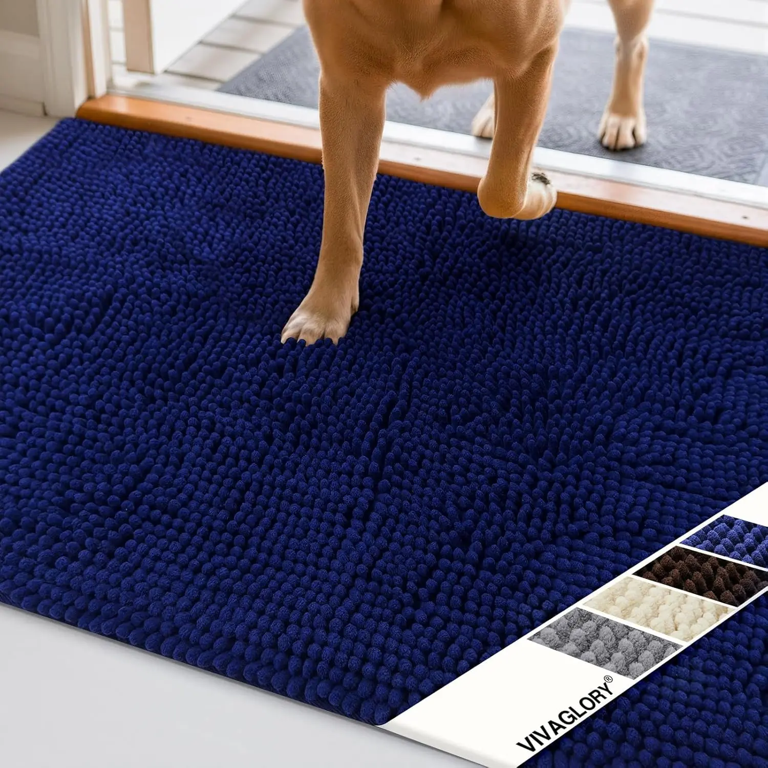 31x20 in Chenille Fiber Soft Fluffy Plush Non-Slip Absorptive Dog Door Mat - Absorpmax, Waterproof, Washable, Thick Pile Dirt Trapper for Entryway/Kitchen, Navy Blue, Suitable for Cars, All-Surface Doormats