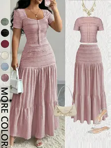 Women's Casual Elegant Party Sweet Cute Short Sleeve Square Neck T-Shirt and Half Skirt Set, Spring & Fall Fashion