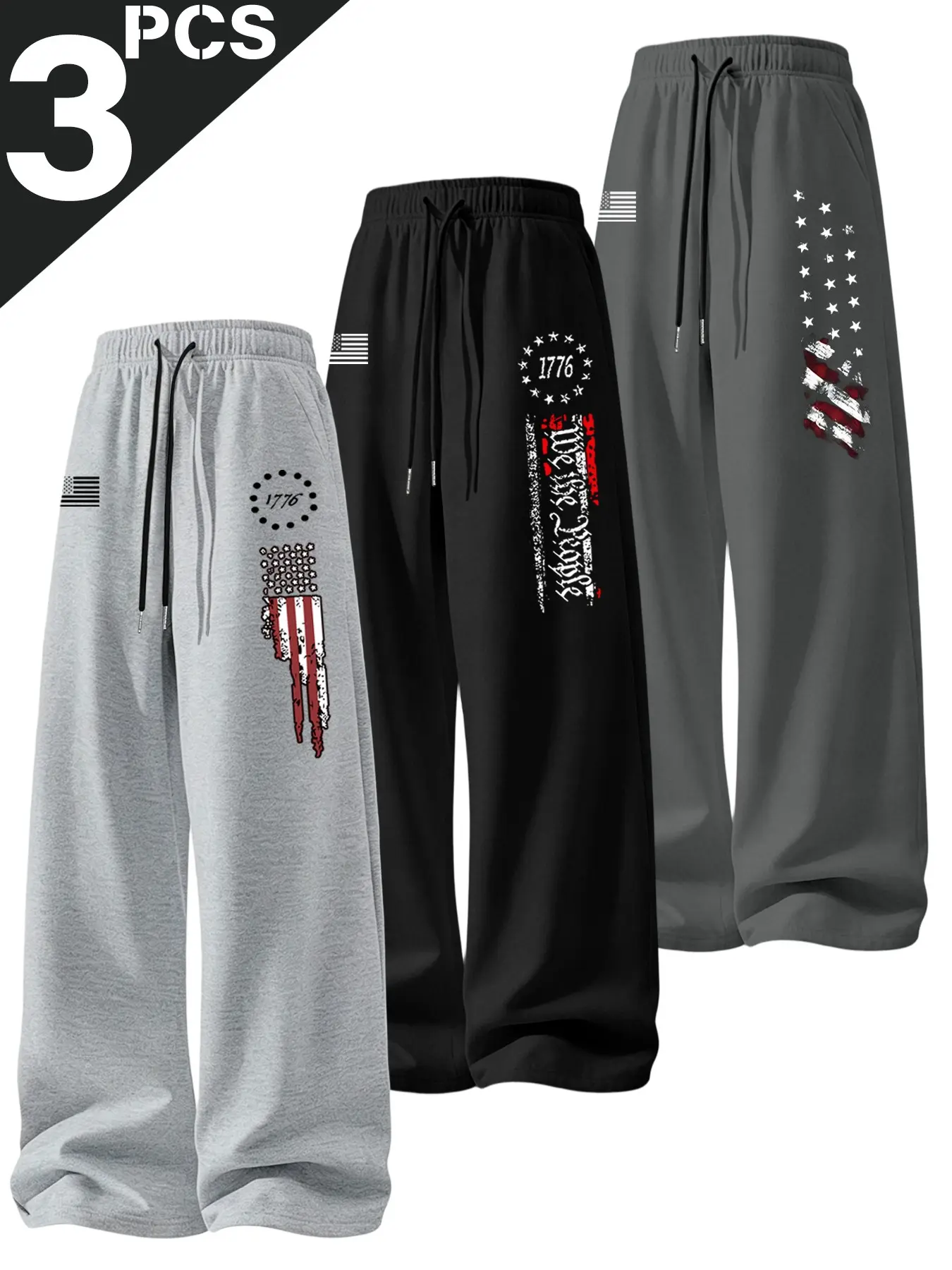 Men's Fall Winter Drawstring Pocket Casual Straight Leg Long Pants, Flag Pattern Print, Perfect for Daily Wear, Ideal Gift
