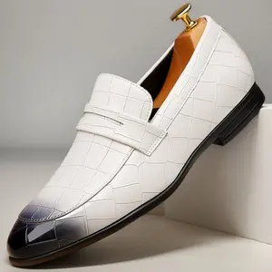 Men's Gradient Croc-Embossed Penny Loafers, White & Blue Formal Slip-On Leather Shoes38695