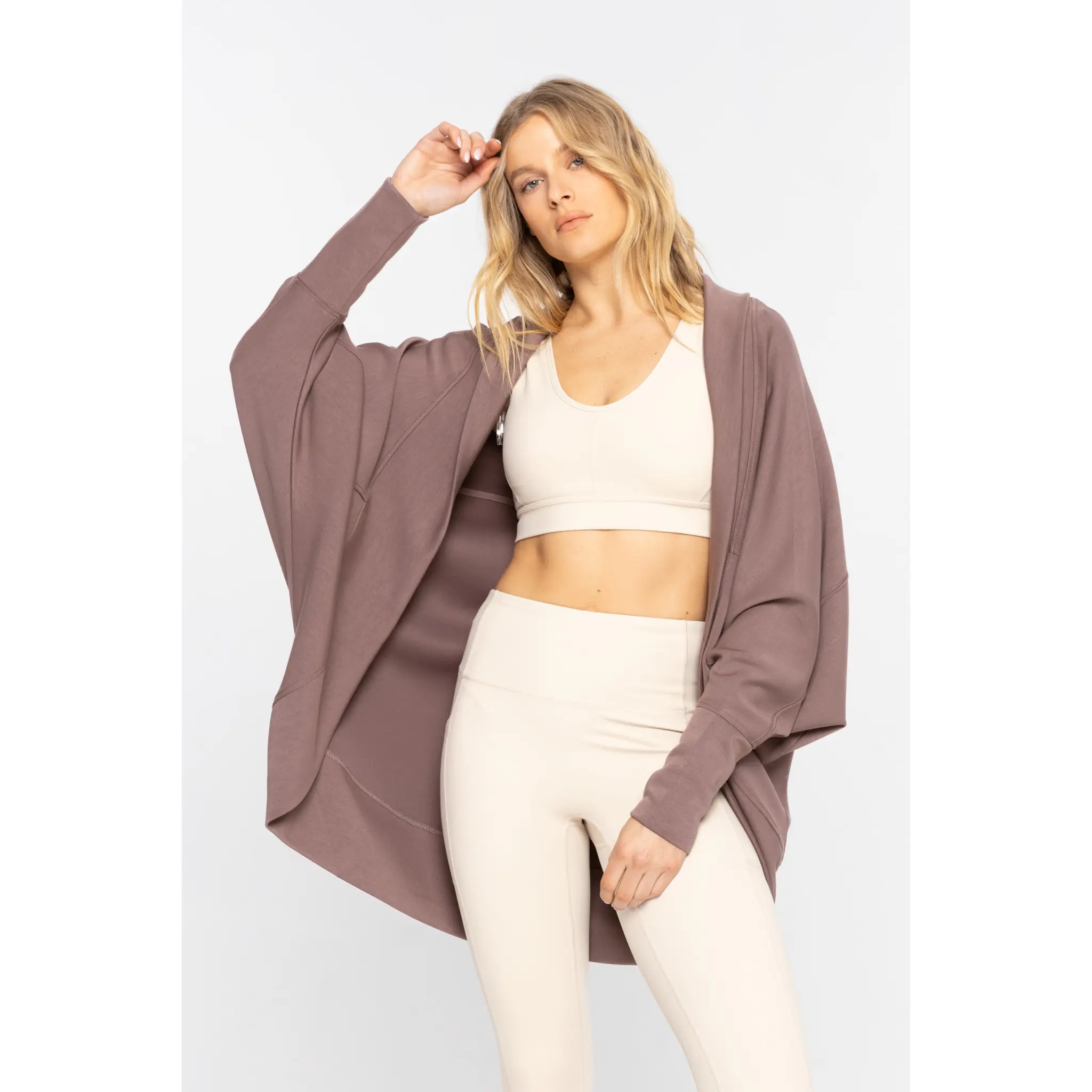 MonoB Elevated Cocoon Cardigan Soft Scuba Knit Cozy Layer Oversized Draped Loose Fit Year-Round Casual Fabric with Extra Long Cuffed Sleeves Light Lightweight