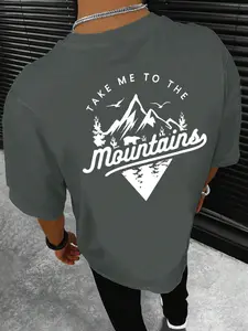 Men's Regular Fit Letter Mountain Drop Shoulder Tee, Casual Street Soft Comfy Half Sleeve Round Neck T-shirt for Daily Outdoor Wear, Menswear for All Seasons