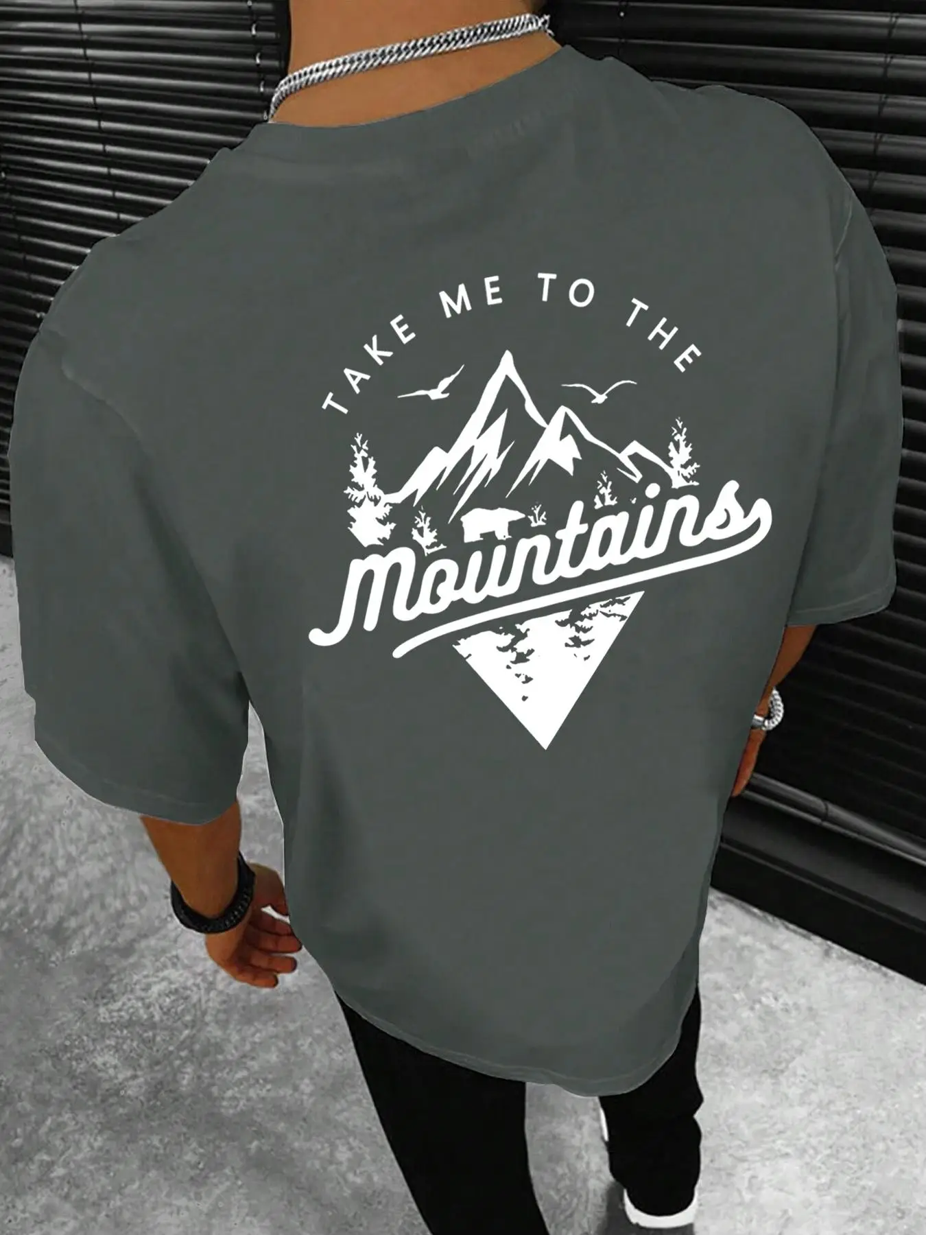 Men's Regular Fit Letter Mountain Drop Shoulder Tee, Casual Street Soft Comfy Half Sleeve Round Neck T-shirt for Daily Outdoor Wear, Menswear for All