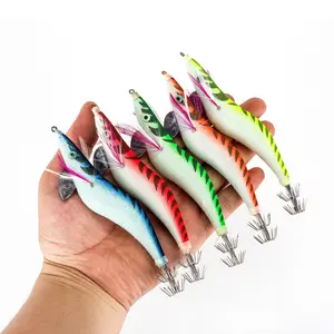 5pcs Glow in the Dark Squid Jigs Set, Luminous Wood Shrimp Lures with Double Layer Umbrella Hooks, Professional Eging Baits for Squid, Octopus & Cuttlefish