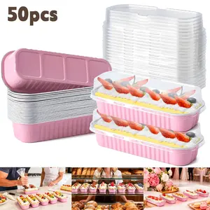 Premium 50Pcs Rectangular Aluminum Foil Baking Cups With Lids 6.8oz Disposable Mini Loaf Pans For Baking Cakes, Perfect For Cheesecake Creme Brulee Party Picnic & Halloween Christmas Gifting
