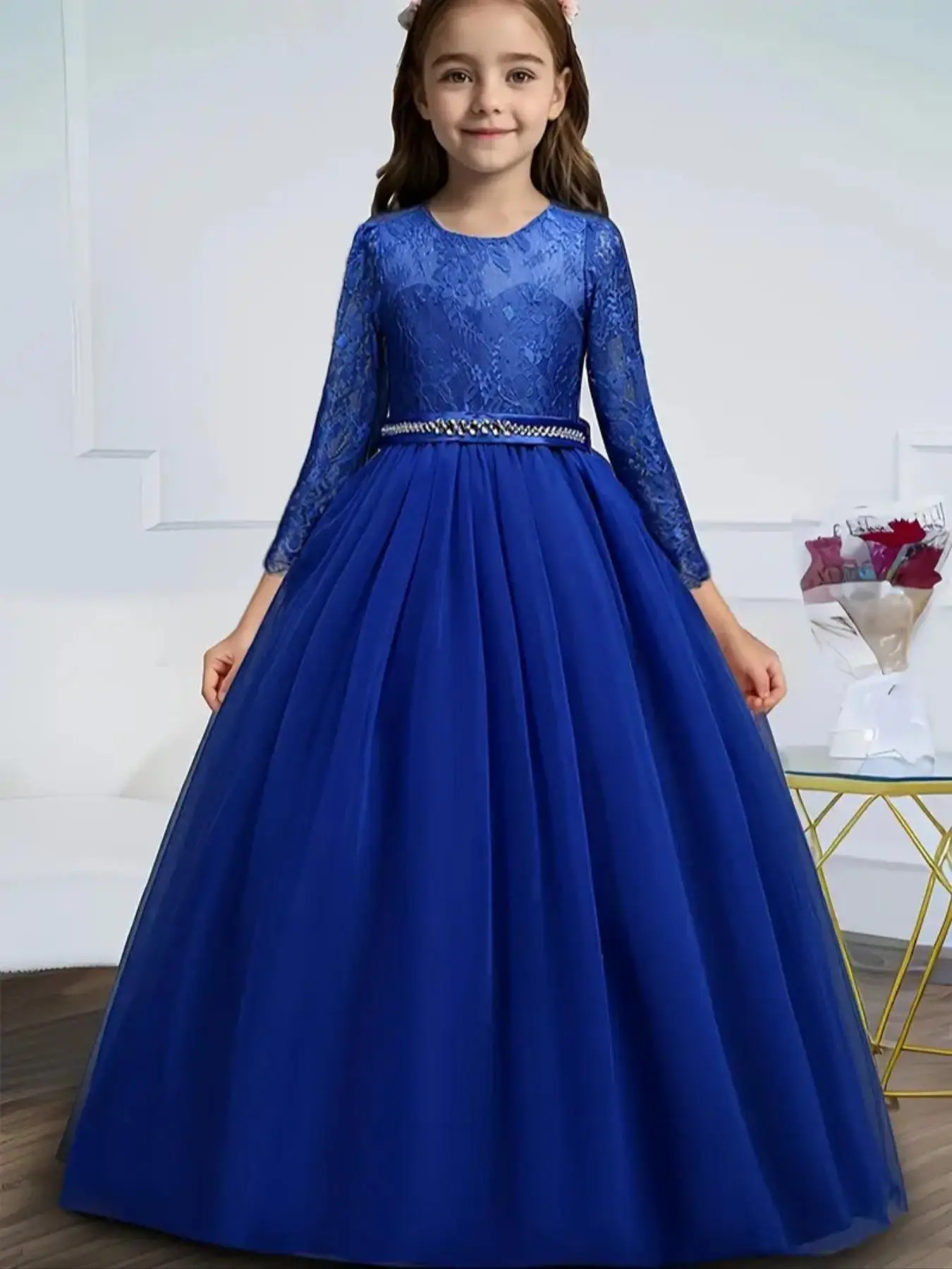 Girl's Rhinestone Decor Contrast Lace Zipper Back Tulle Dress, Elegant Long Sleeve Round Neck A Line Dress for Party Performance, Kids Clothes for All