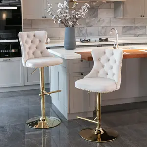 Swivel Bar Stools Set of 2, Adjustable Counter Height Velvet Upholstered Barstools with Nailheads Trim, Button Tufted Back and Golden Footrest, Bar Chairs for Dining Room Home Bar Kitchen (2 PCS)