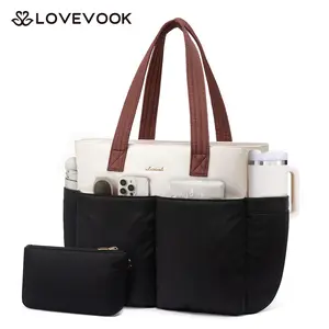【NEW IN】LOVEVOOK Puffer Tote Laptop Bag for Women, Lightweight Work Handbag,Colorblock Travel Bag, Multi-Pocket Large Shoulder Bag, 23L Large Capacity, Washable Polyester Material, for Daily Use Teachers, Nurses, and Students Summervibes