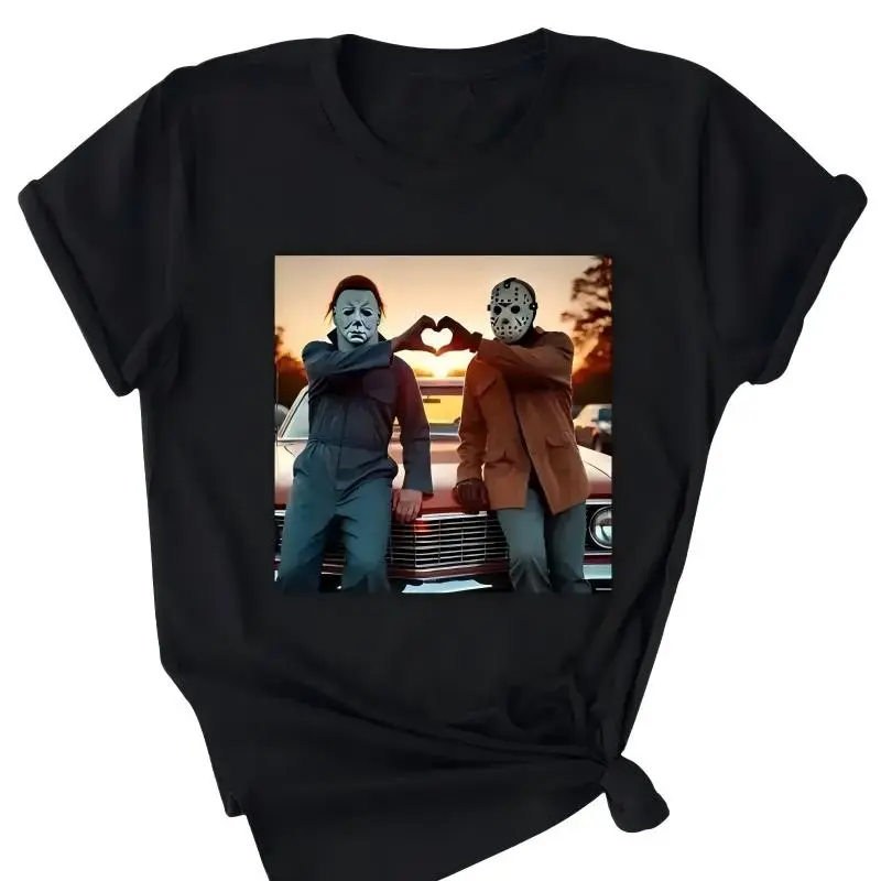 Women's Vintage Michael Myers Halloween Short-Sleeve Casual Classic Round Neck T-Shirt, Horror Movie Thriller Friday the 13th Heart Hands Funny Top, Gift for Adults