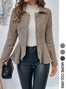 Women's Gingham Print Ruffle Hem Button Front Jacket, Casual Long Sleeve Collared Outerwear for Spring & Fall, Ladies Clothes for Daily Wear