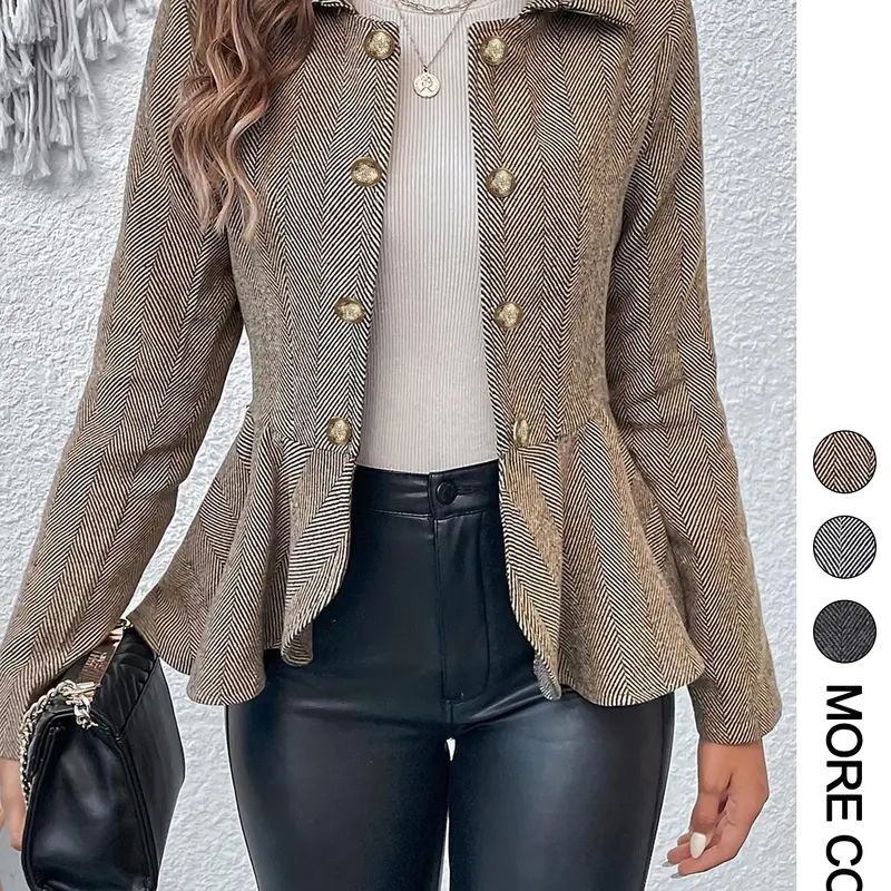 Women's Gingham Print Ruffle Hem Button Front Fitted Jacket, Coats, Casual Outerwears, Casual Long Sleeve Collared Fashionable Outerwear for Spring & Fall, Ladies Clothes for Daily Wear Everyday, Womenswear